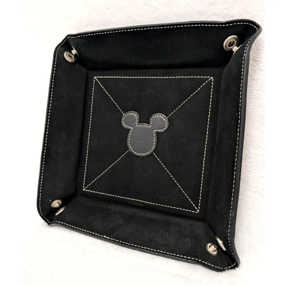 RARE Disney Genuine Leather Mickey Mouse Snap Valet Catchall Tray Black Velvet